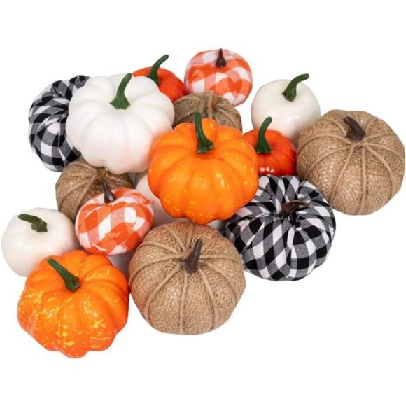 16 PCS Fall Decor Assorted Sizes Artificial Pumpkins Burlap Faux Foam Pumpkin - Picture 1 of 7